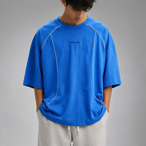 تیشرت مردانه آبی Boxy Fit با White Piping و طراحی Techwear