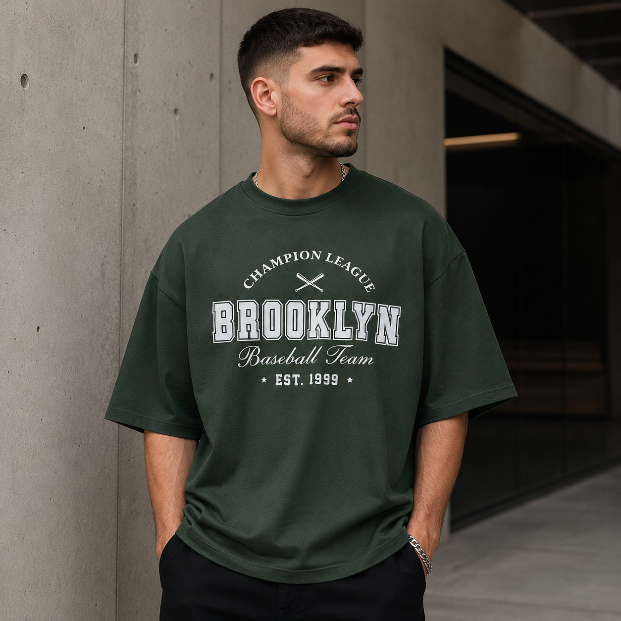 تیشرت مردانه لش باکسی سبز کله غازی جلو چاپ | طرح BROOKLYN Baseball | استایل خیابانی مدرن