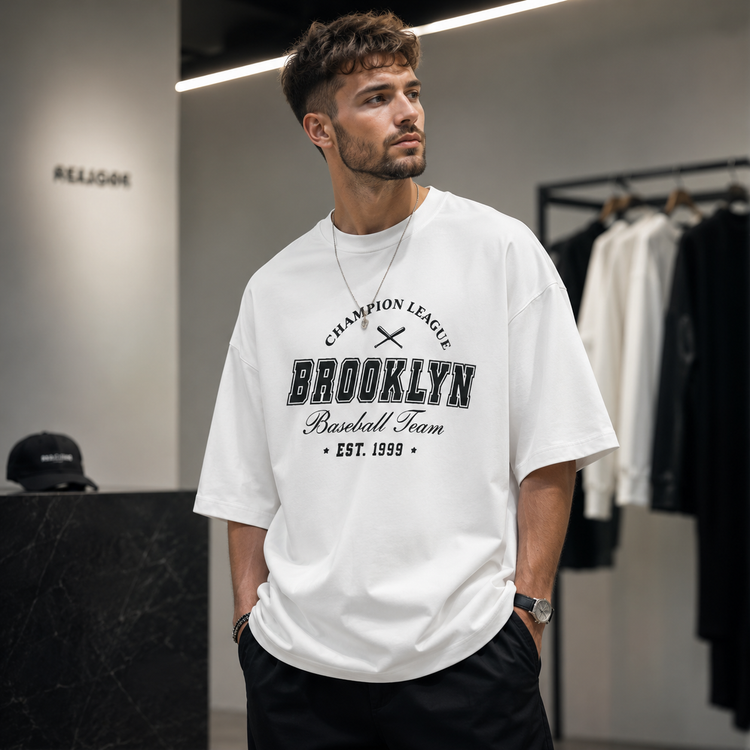 تیشرت مردانه لش باکسی سفید جلو چاپ | طرح BROOKLYN Baseball | استایل خیابانی مدرن