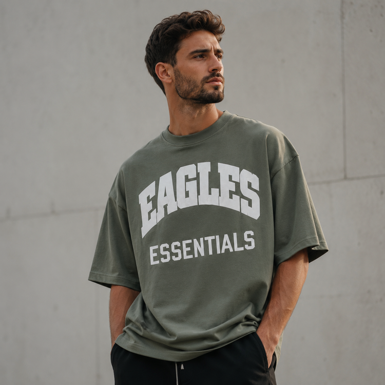 تیشرت مردانه لش باکسی سبز ماچا جلو چاپ |طرحEAGLES ESSENTIALS | استایل خیابانی مدرن