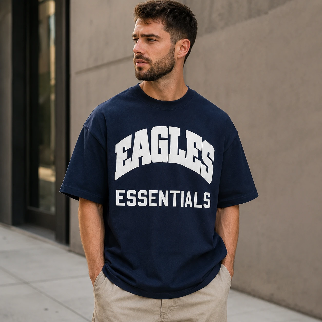 تیشرت مردانه لش باکسی ابی کاربنی جلو چاپ | طرح EAGLES ESSENTIALS| استایل خیابانی مدرن