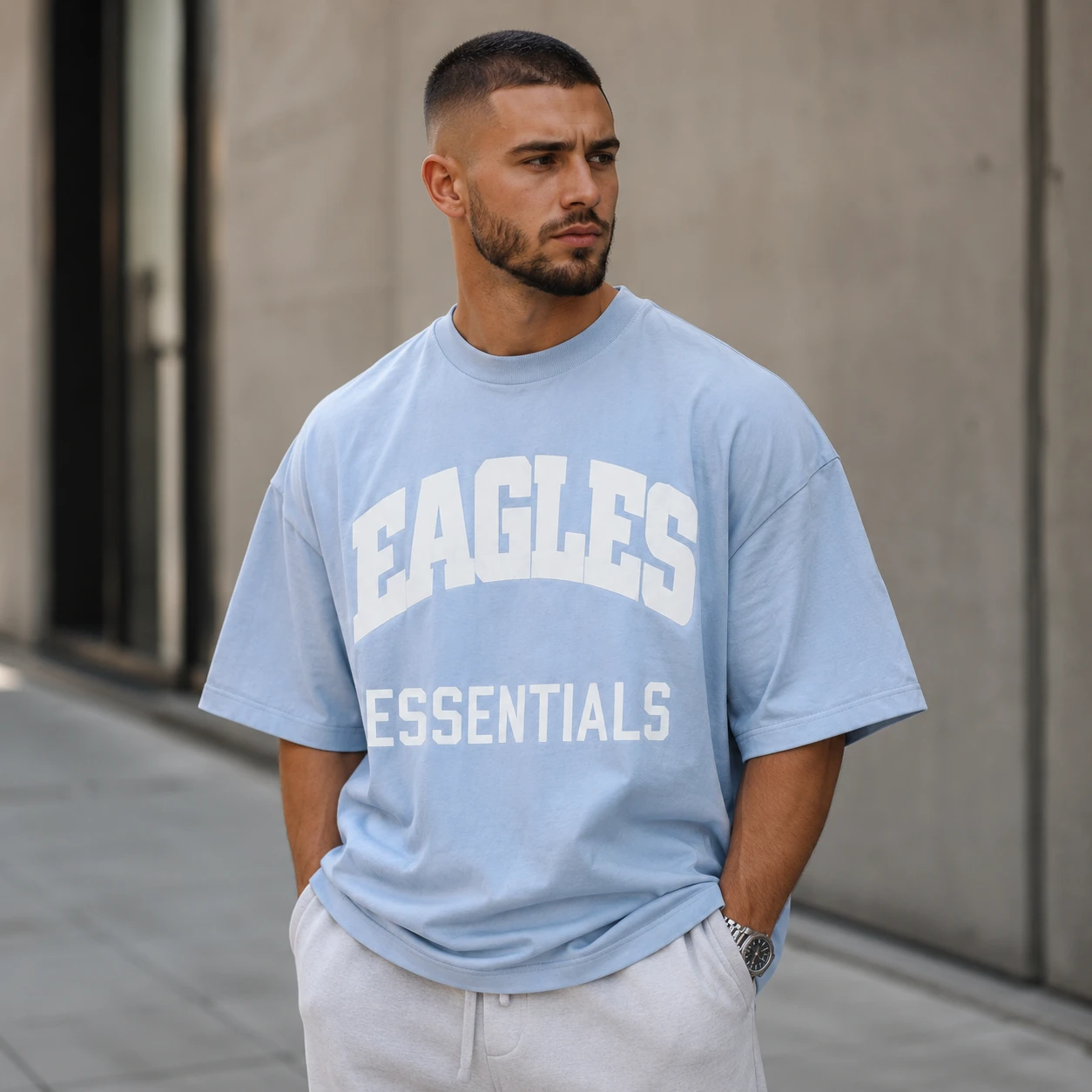 تیشرت مردانه لش باکسی ابی اسمونی جلو چاپ | طرح EAGLES ESSENTIALS| استایل خیابانی مدرن