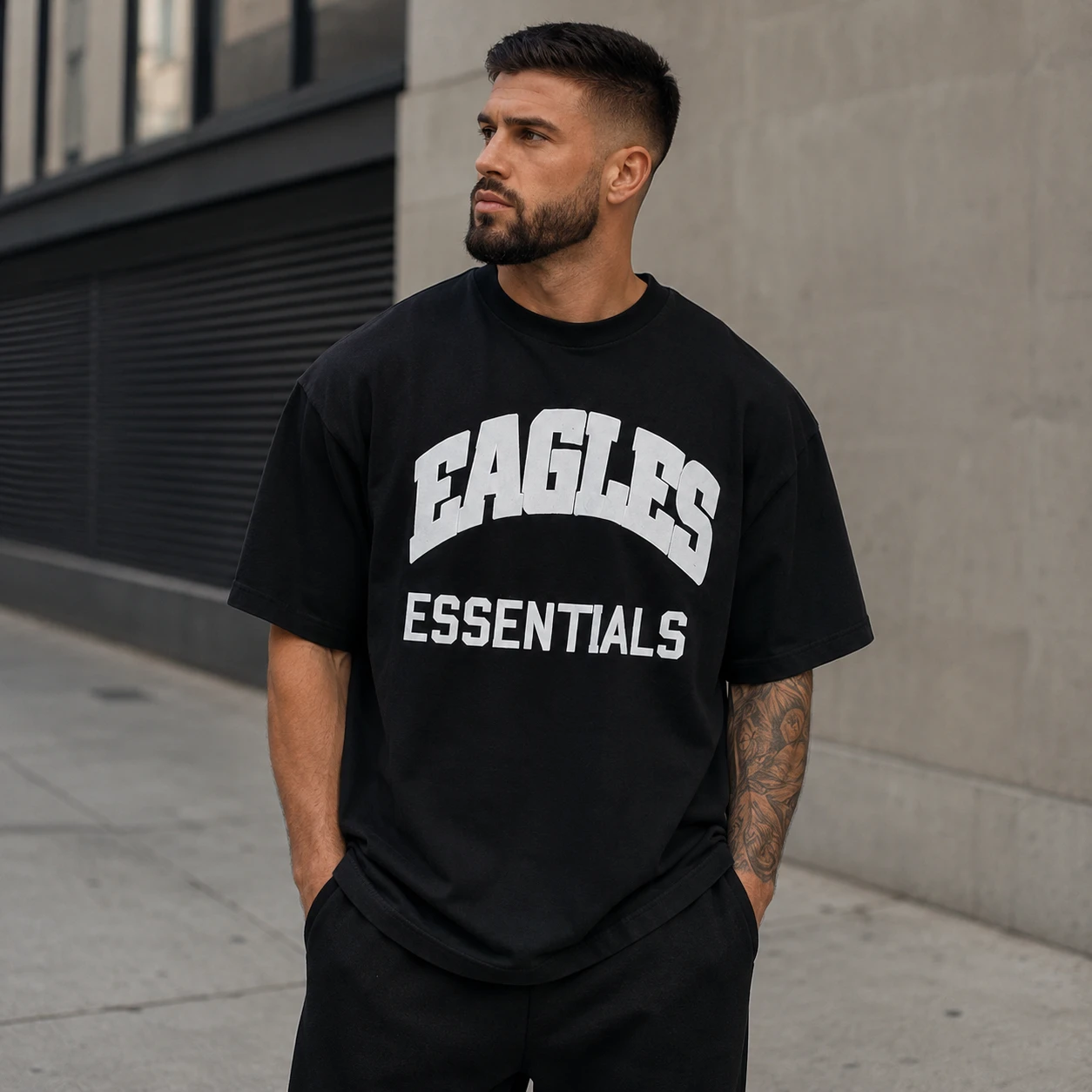 تیشرت مردانه لش باکسی مشکی جلو چاپ | طرح EAGLES ESSENTIALS| استایل خیابانی مدرن