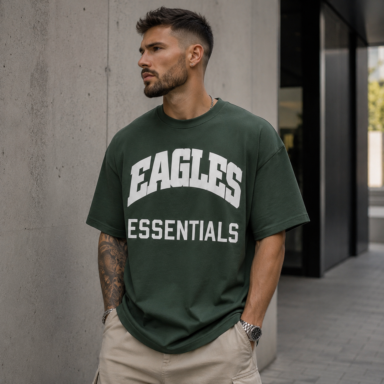 تیشرت مردانه لش باکسی سبز تیره جلو چاپ | طرح EAGLES ESSENTIALS| استایل خیابانی مدرن