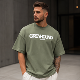 تیشرت مردانه لش باکسی سبز زیتونی جلو چاپ | طرح GREYHOUND ORIGINAL| استایل خیابانی مدرن