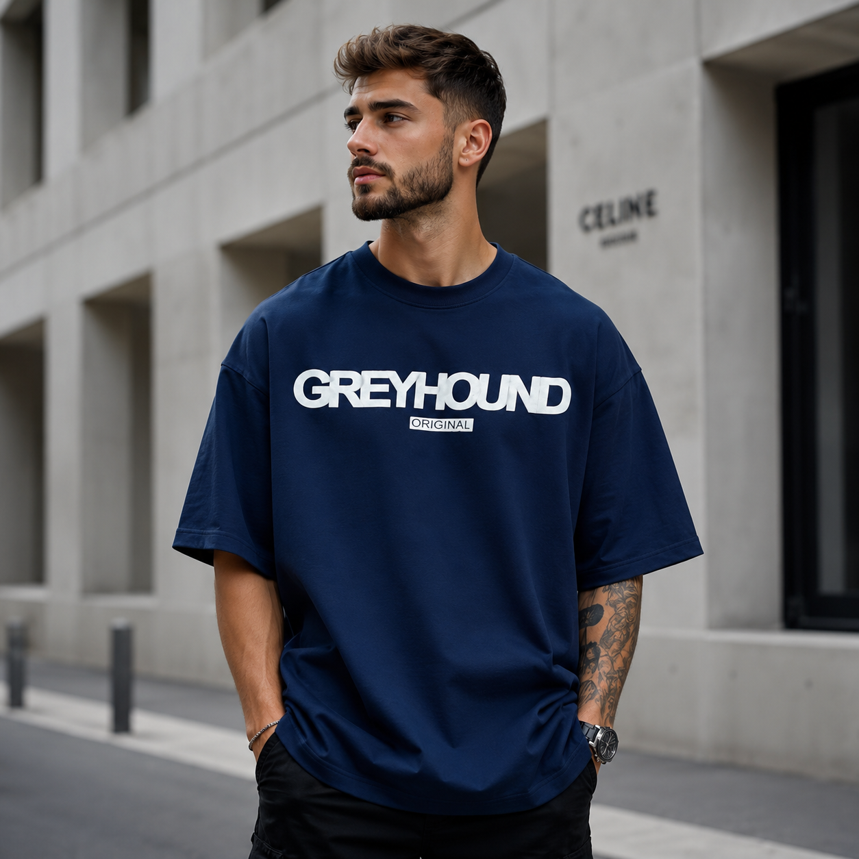 تیشرت مردانه لش باکسی سرمه ای جلو چاپ | طرح GREYHOUND ORIGINAL| استایل خیابانی مدرن