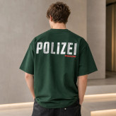 تیشرت مردانه لش باکسی سبز سلطنتی پشت چاپ | طرح POLIZEI | استایل خیابانی مدرن