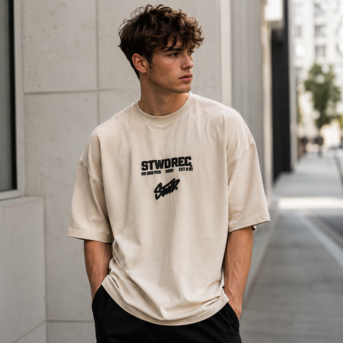 تیشرت لش باکسی گرمبالا با طرح گرافیکی STWDREC | رنگ پاستیلی | Beige STWDREC Graphic Boxy-Fit Heavyweight Premium Tee