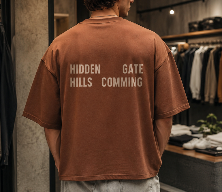 تی‌شرت باکسی (Oversized) پشت چاپدار پفکی | رنگ قهوه‌ای شکلاتی | Dark Chocolate Oversized Street-Style Graphic Tee