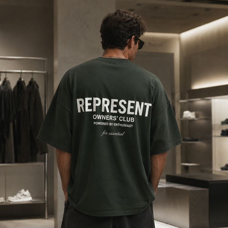 تیشرت مردانه لش باکسی سبز تیره پشت چاپ تایپوگرافی REPRESENT | Owners’ Club Back Print