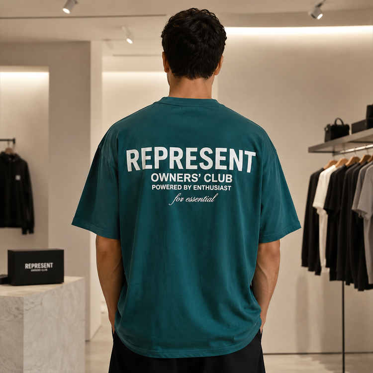 تیشرت مردانه لش باکسی سبز یشمی پشت چاپ تایپوگرافی REPRESENT | Owners’ Club Back Print