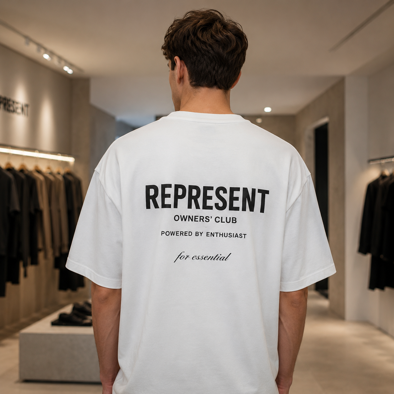 تیشرت مردانه لش باکسی سفید پشت چاپ تایپوگرافی REPRESENT | Owners’ Club Back Print