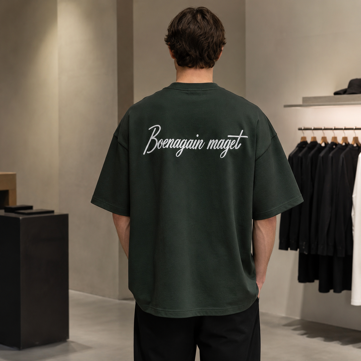 تیشرت مردانه لش باکسی سبز تیره پشت چاپ مینیمال لاتین Boenagain maøet (Signature Print)