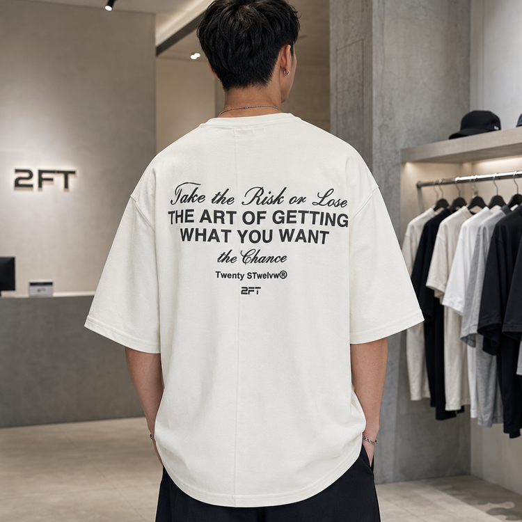 تیشرت مردانه لش باکسی یونیسکس سفید پشت چاپ | Take the Risk Backprint