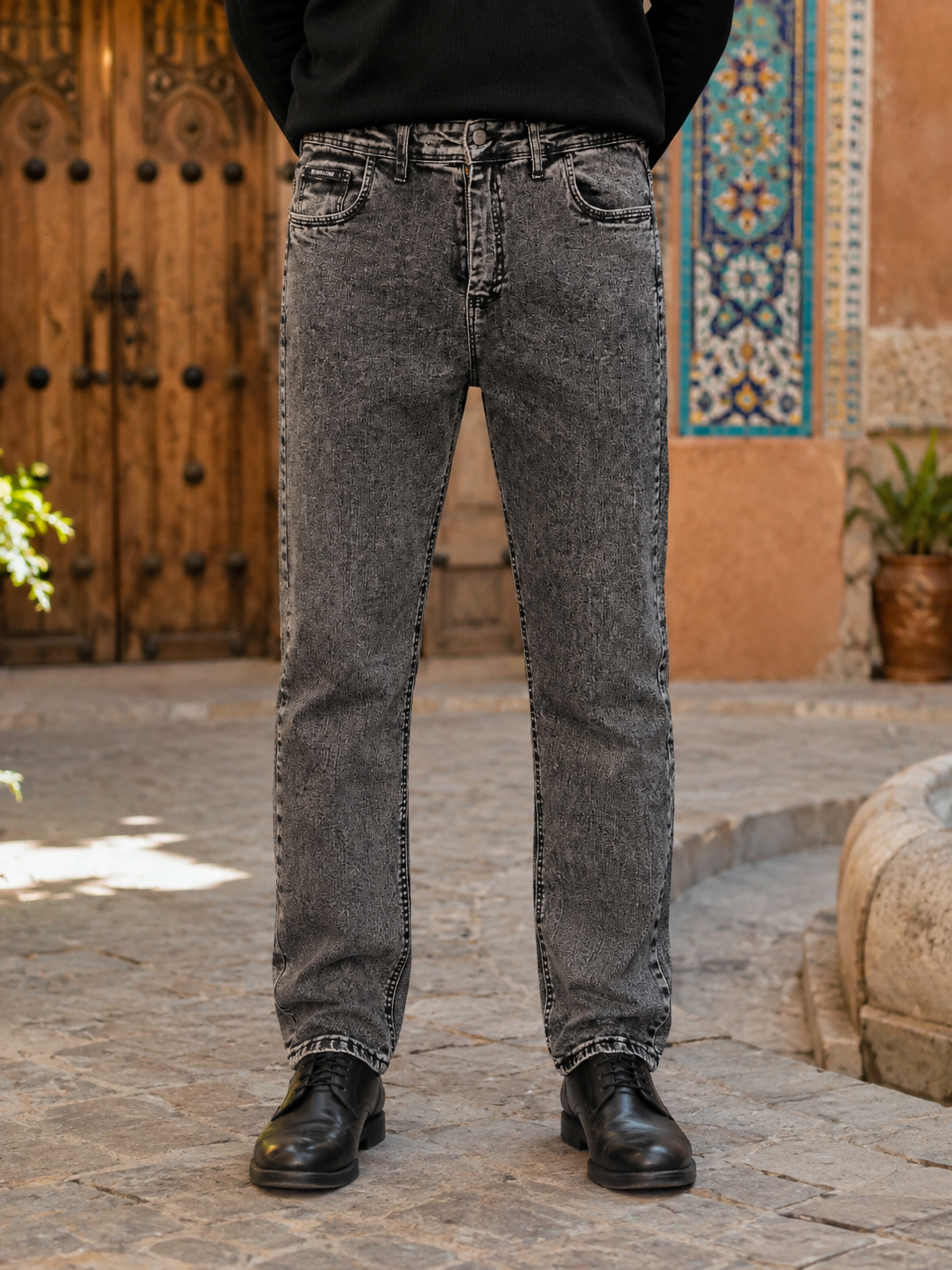 شلوار جین مردانه راسته اسید واش ذغالی پنبه کش | Men’s Acid Wash Charcoal Straight Fit Jeans