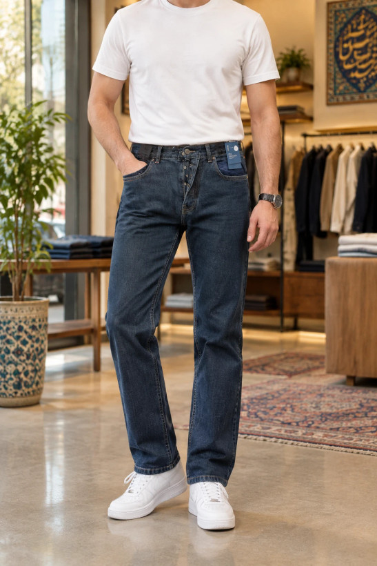 شلوار لی مردانه راسته کشسان طرحدار آبی تیره | Men’s Dark Blue Washed Straight Denim