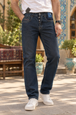 شلوار لی مردانه راسته کشسان طرحدار آبی تیره | Men’s Dark Blue Washed Straight Denim