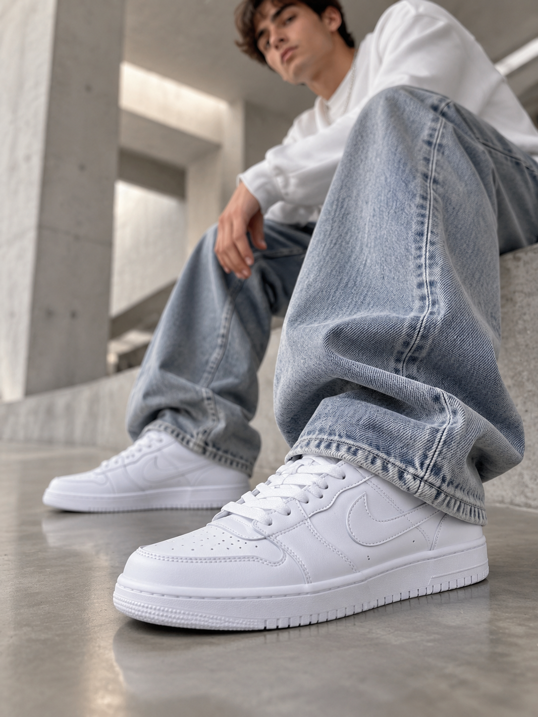 کفش اسپرت مردانه ایر جردن ۱ لو تمام سفید (Triple White) | اسنیکر کلاسیک مینیمال با رویه چرم و راحتی روزمره