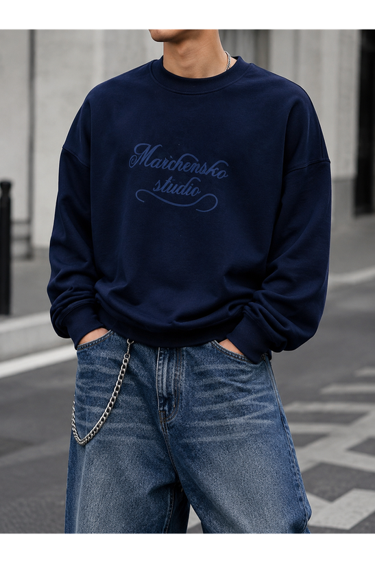 دورس پاییزه مردانه سه نخ پنبه گرم بالا رنگ سرمه ای حامو | Hamo Minimal Cotton Sweatshirt