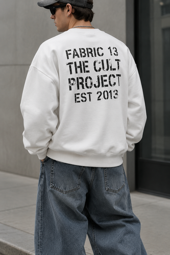 دورس یقه گرد پنبه ۳ نخ سفید حامو پشت چاپ وینتیج EST.2013 | Hamo Fabric 13 Crewneck