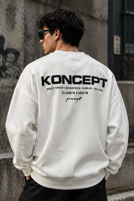دورس یقه گرد مشکی با چاپ پشت طرح KONCEPT حامو رنگ سفید | Hamo Minimalist Crewneck