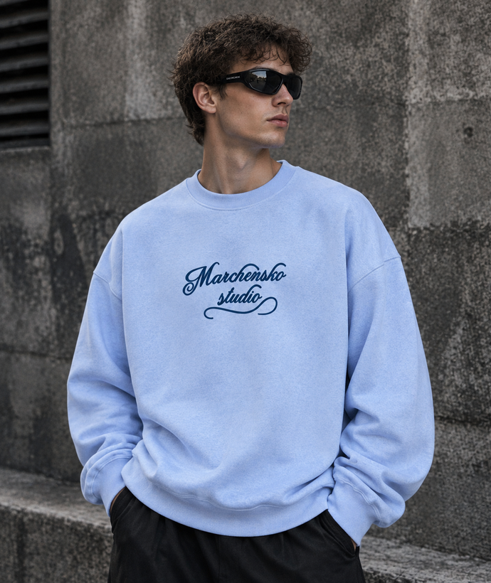 دورس پاییزه مردانه سه نخ پنبه گرم بالا رنگ ابی پاستیلی حامو | Hamo Minimal Cotton Sweatshirt