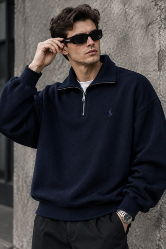 دورس اولد مانی ماندانا نیم زیپ مردانه رنگ سرمه ای حامو ور | Hamo Cream Half-Zip Sweatshirt