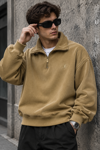 دورس اولد مانی ماندانا نیم زیپ مردانه رنگ اجری مخملی حامو ور | Hamo Cream Half-Zip Sweatshirt