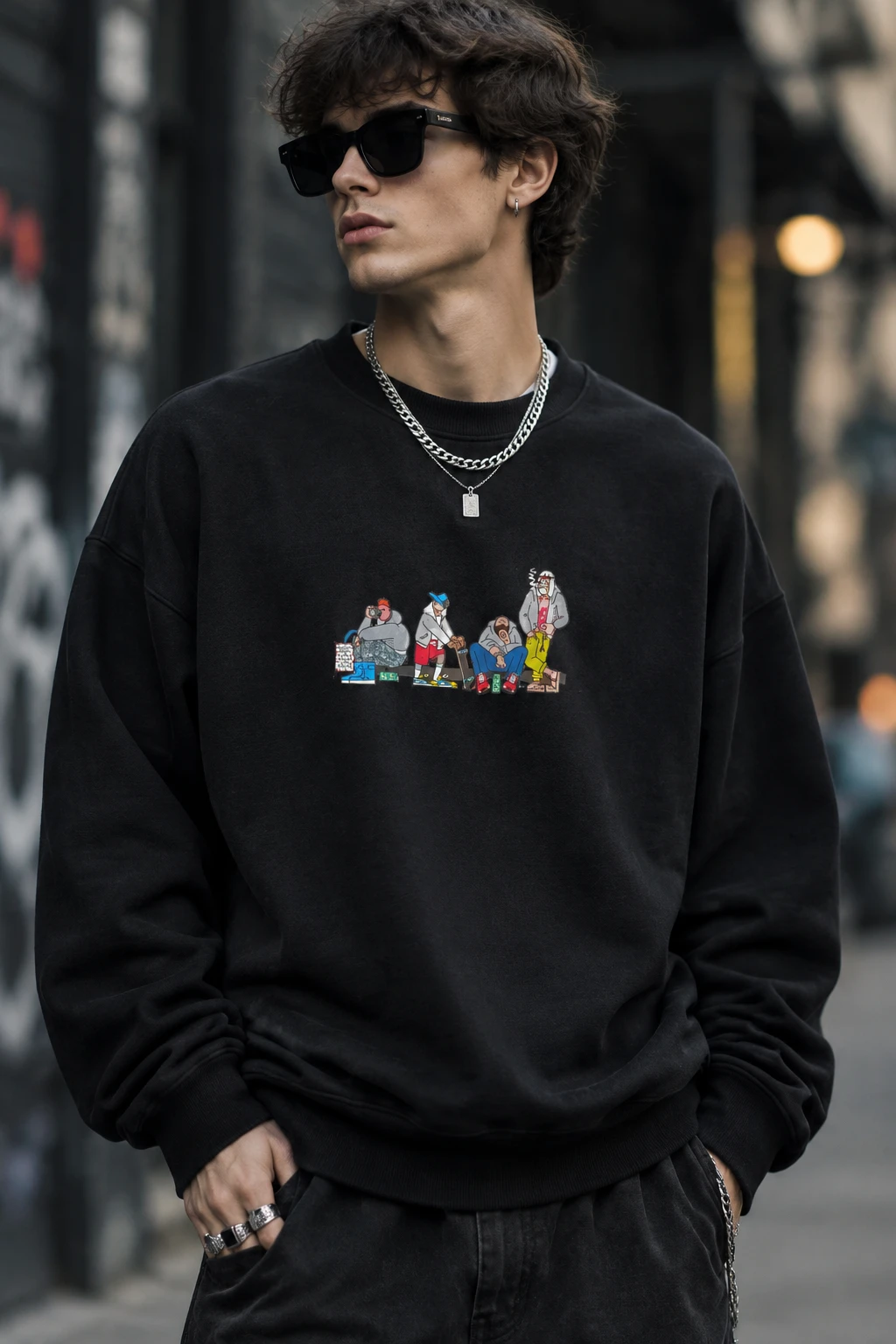 دورس سه نخ لش مشکی مردانه چاپ گرافیکی هیپ‌هاپی | Hamo Urban Cartoon Crewneck