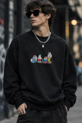 دورس سه نخ لش مشکی مردانه چاپ گرافیکی هیپهاپی | Hamo Urban Cartoon Crewneck