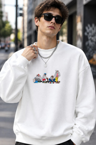 دورس سه نخ لش سفید مردانه چاپ گرافیکی هیپهاپی | Hamo Urban Cartoon Crewneck