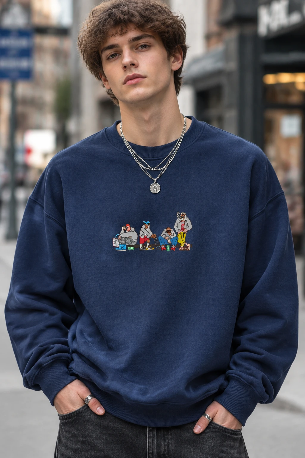 دورس سه نخ لش سرمه ای مردانه چاپ گرافیکی هیپ‌هاپی | Hamo Urban Cartoon Crewneck