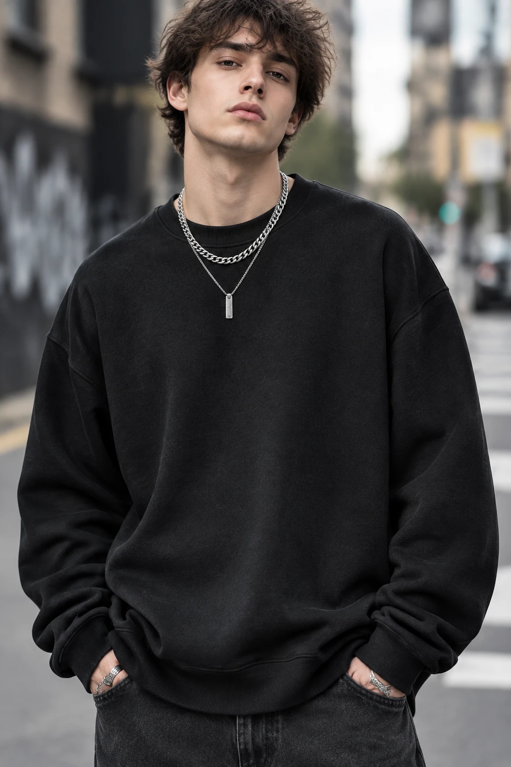 سویشرت دورس بیسیک لش پنبه سه نخ ضخیم مشکی حامو | Hamo Basic Oversized Sweatshirt