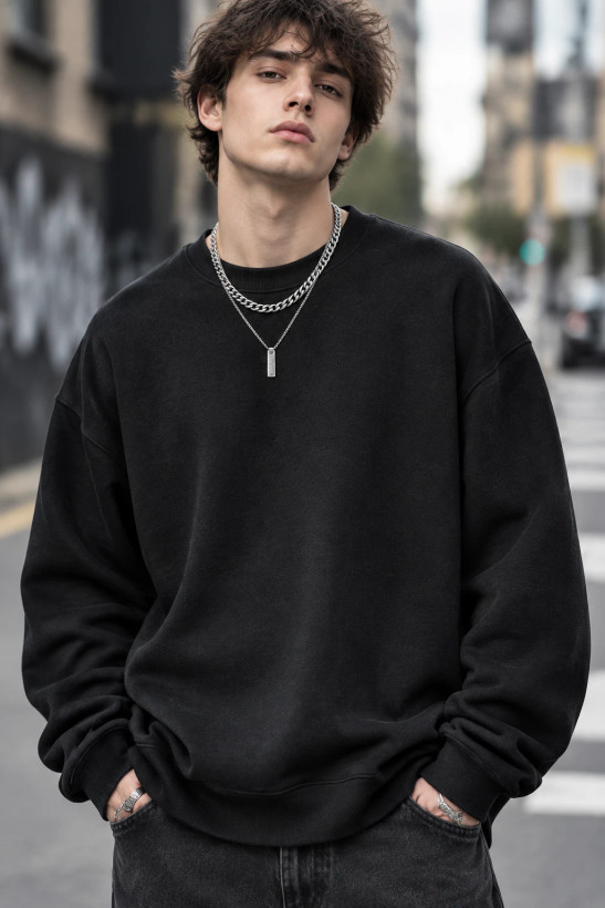 سویشرت دورس بیسیک لش پنبه سه نخ ضخیم مشکی حامو | Hamo Basic Oversized Sweatshirt