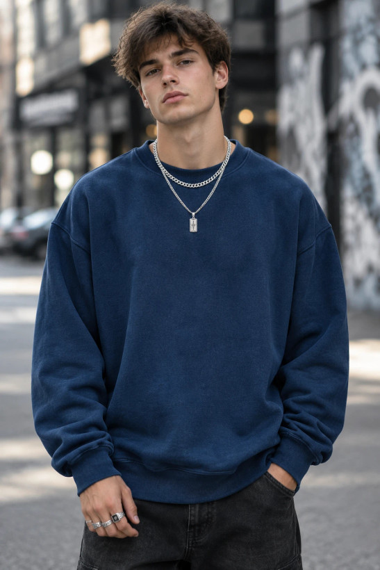 سویشرت دورس بیسیک لش پنبه سه نخ ضخیم سرمه ای حامو | Hamo Basic Oversized Sweatshirt