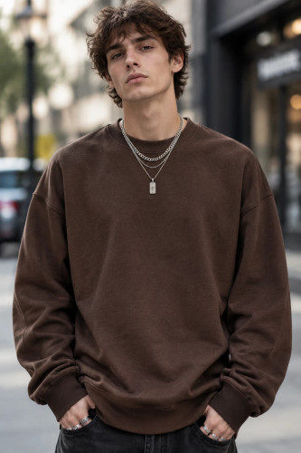 سویشرت دورس بیسیک لش پنبه سه نخ ضخیم قهوه ای موکا حامو | Hamo Basic Oversized Sweatshirt