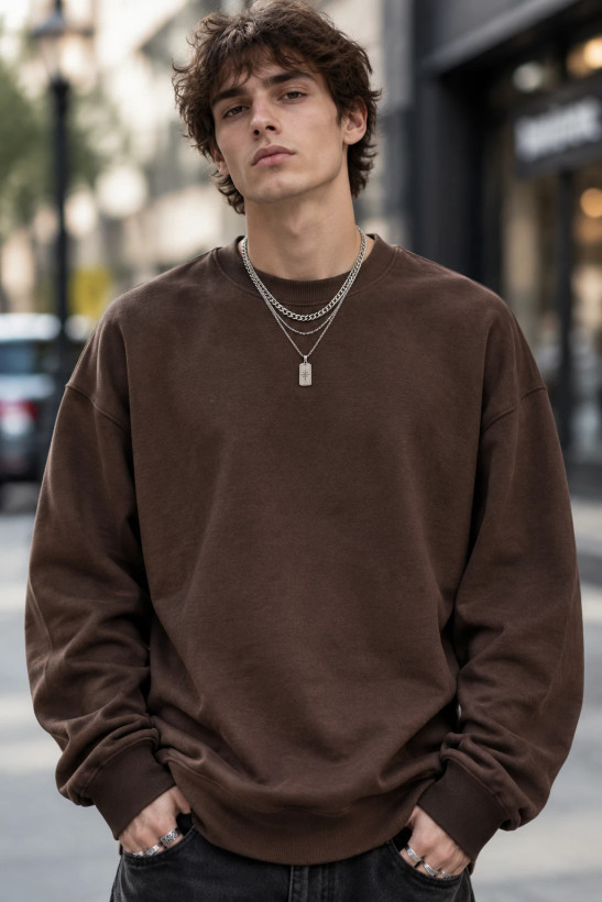 سویشرت دورس بیسیک لش پنبه سه نخ ضخیم قهوه ای موکا حامو | Hamo Basic Oversized Sweatshirt