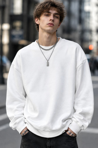 سویشرت دورس بیسیک لش پنبه سه نخ ضخیم سفید حامو | Hamo Basic Oversized Sweatshirt