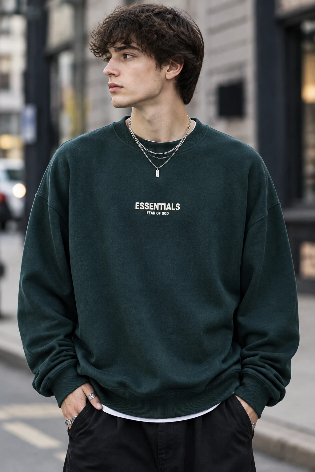 سویشرت دورس پنبه سه‌نخ سبز جنگلی لش طرح اسنشالز | Hamo Men’s Streetwear Crewneck