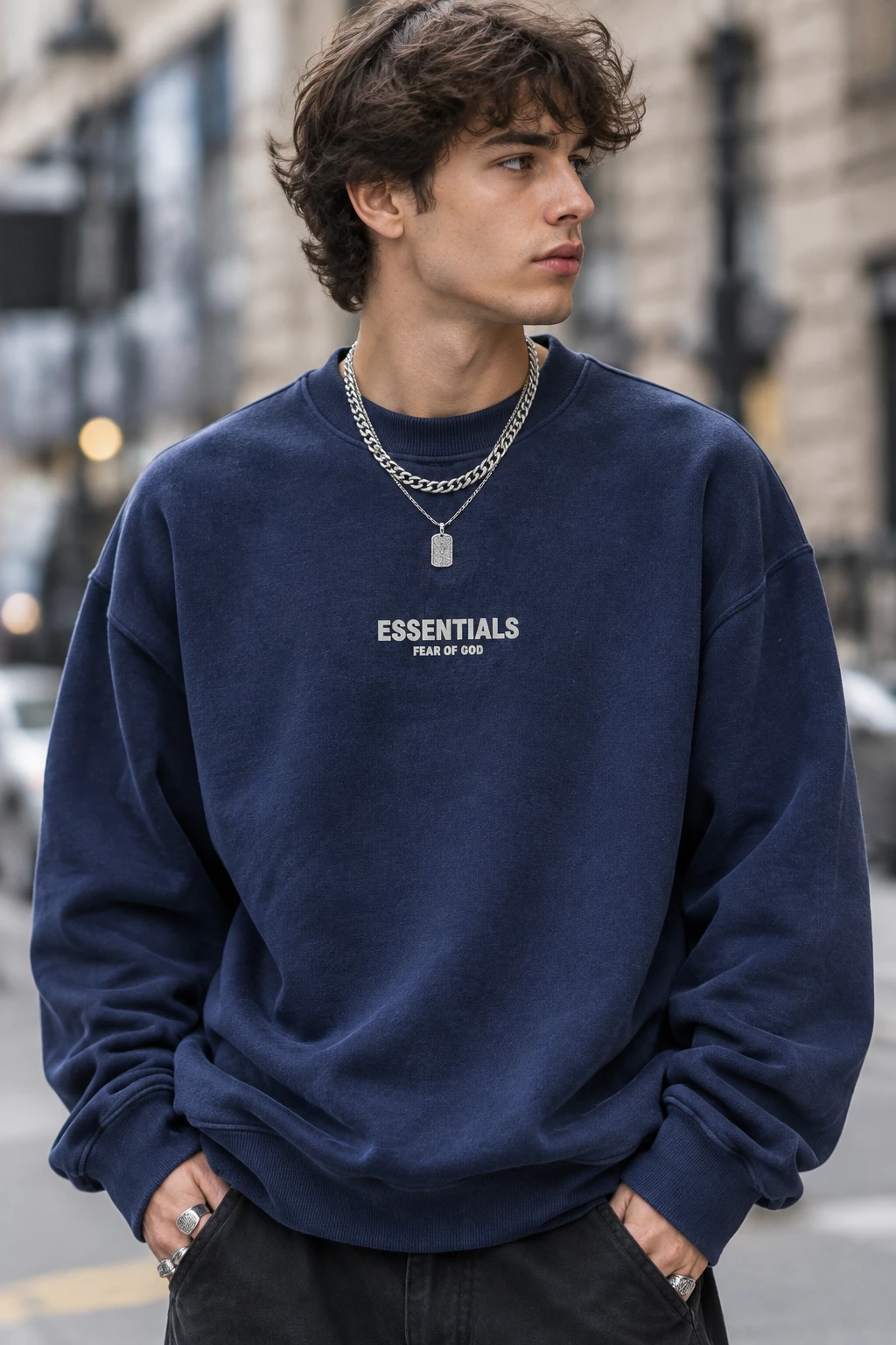 سویشرت دورس پنبه سه‌نخ سرمه ای لش طرح اسنشالز | Hamo Men’s Streetwear Crewneck