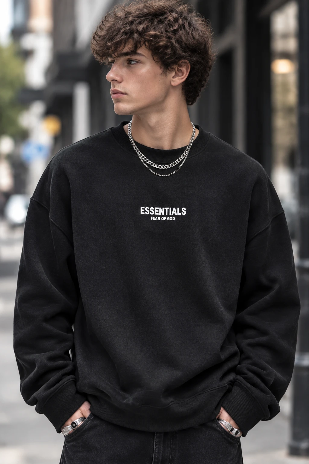 سویشرت دورس پنبه سه‌نخ مشکی لش طرح اسنشالز | Hamo Men’s Streetwear Crewneck