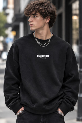 سویشرت دورس پنبه سهنخ مشکی لش طرح اسنشالز | Hamo Men’s Streetwear Crewneck