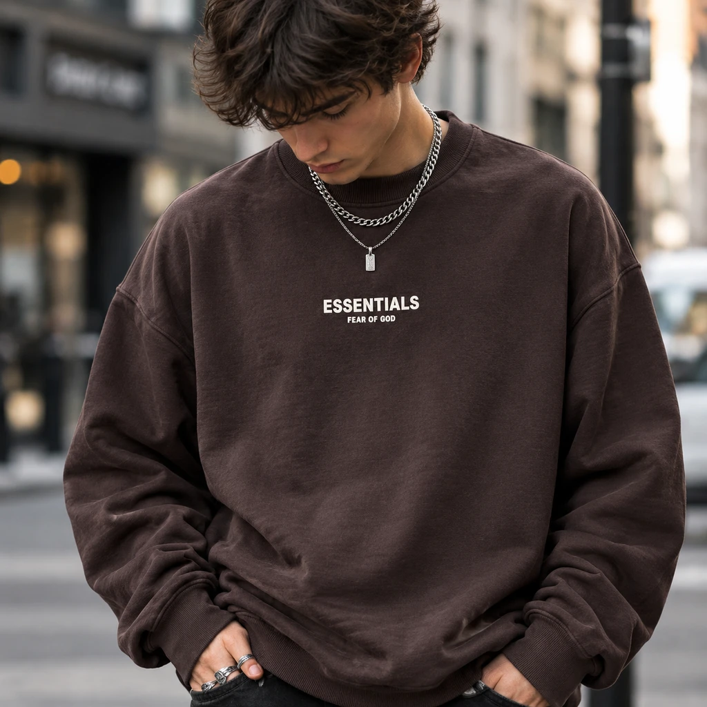 سویشرت دورس پنبه سه‌نخ قهوه ای موکا لش طرح اسنشالز | Hamo Men’s Streetwear Crewneck