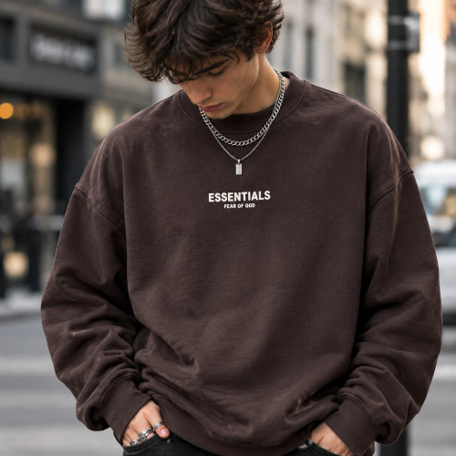 سویشرت دورس پنبه سهنخ قهوه ای موکا لش طرح اسنشالز | Hamo Men’s Streetwear Crewneck