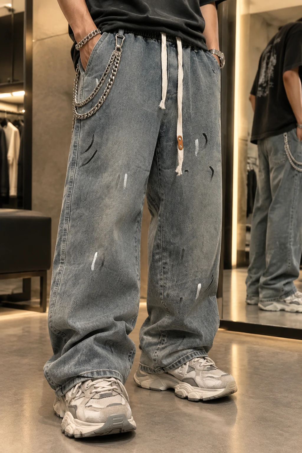 شلوار جین لش استریت‌استایل آرت‌ورک کمر کشی ابی دودی مستر کوالیتی | Hamo Vintage Painted Denim Pants