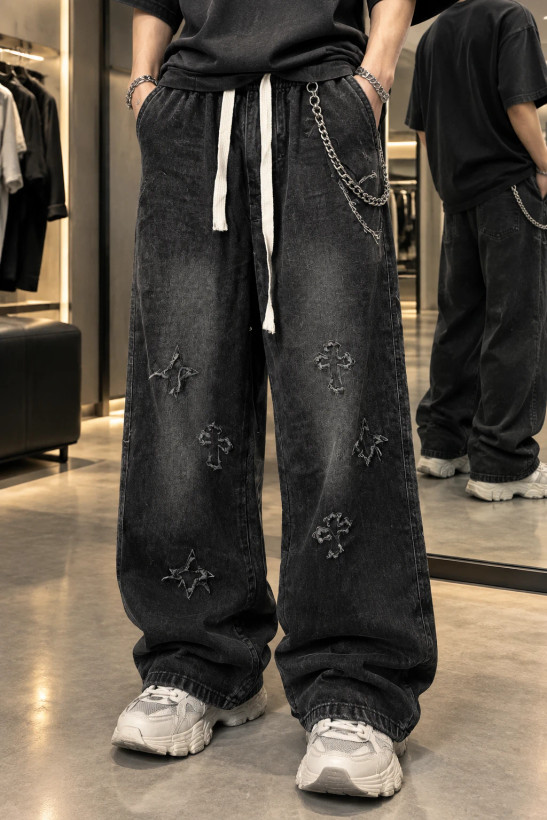 شلوار بگ جین مردانه طرح گوتیک Y2K مشکی زغالی مستر کوالیتی | Hamo Gothic Cross Baggy Jeans