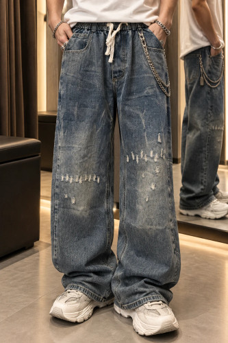 شلوار واید لگ جین طرح زاپ خطی وینتیج آبی حامو | Hamo Men’s Vintage Washed Frayed Denim