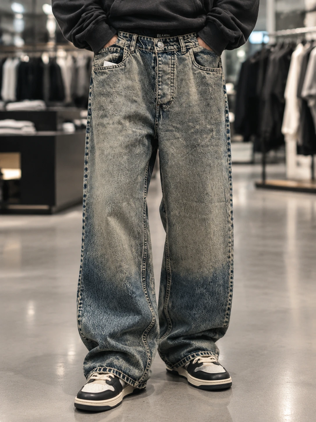 شلوار جین نیم بگ مردانه مدل Agassi | Baggy Jeans Stone Wash | کد 22