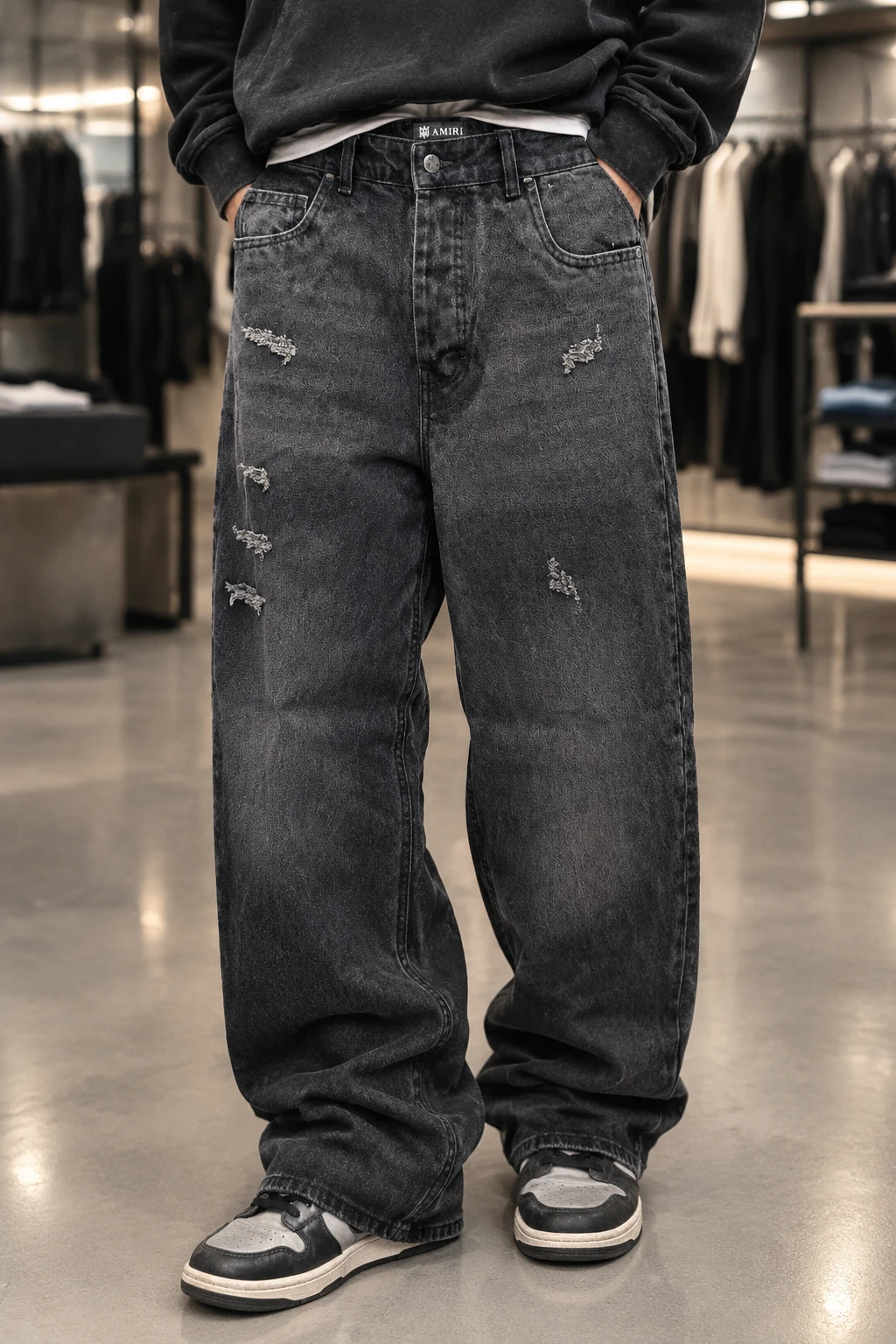 شلوار نیم بگ مردانه مدل Y2K مشکی سایه دار | Hamo Washed Black Jeans | کد 26