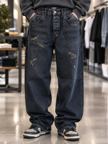 جین بگ مردانه آبی تیره زاپدار | Hamo Distressed Wide Leg Denim | کد 28
